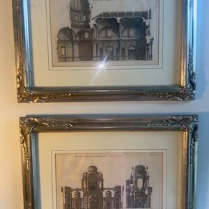 Pair of Vintage Antique Architectural Redering Prints Ornate Champagne Frames